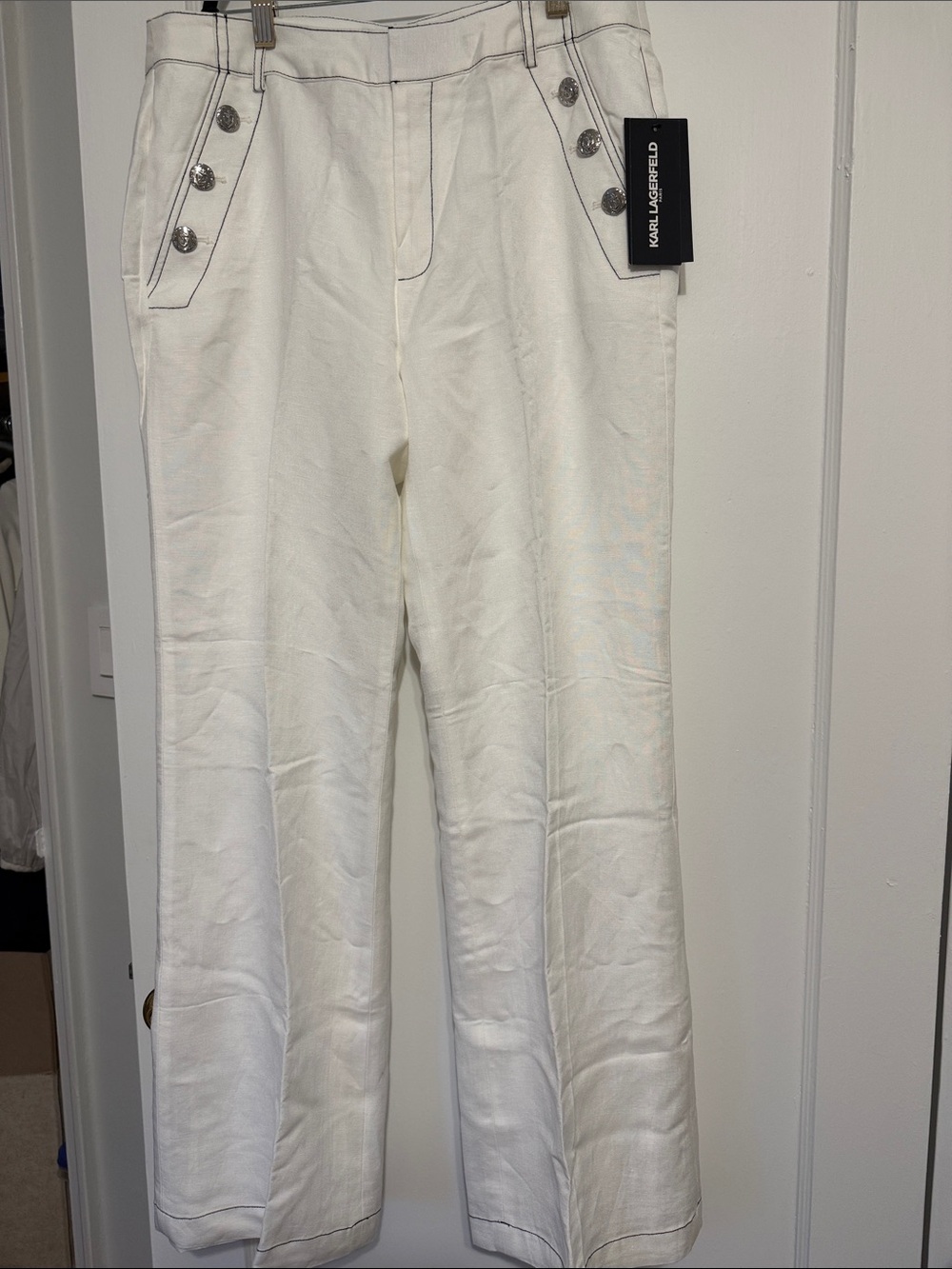 Karl Lagerfeld White High-Waist Button-Accent Trousers